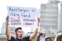 Armenians protest outside the Turkish embassy in Lebanon over the fighting in Nagorno-Karabakh