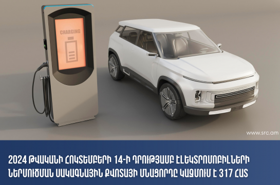 2024 թ․ հոկտեմբերի 14-ի դրությամբ էլեկտրոմոբիլների ներմուծման սակագնային քվոտայի մնացորդը կազմում է 317 հատ